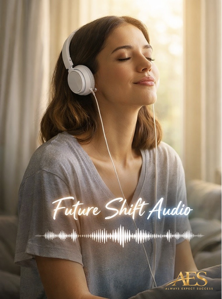 A woman listening to Future Shift Audio with headphones