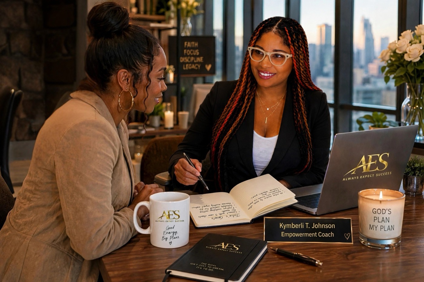 Kymmi coaching a client at her desk
