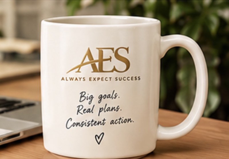 Big Goals, Real Plans Mug - White: On a desk