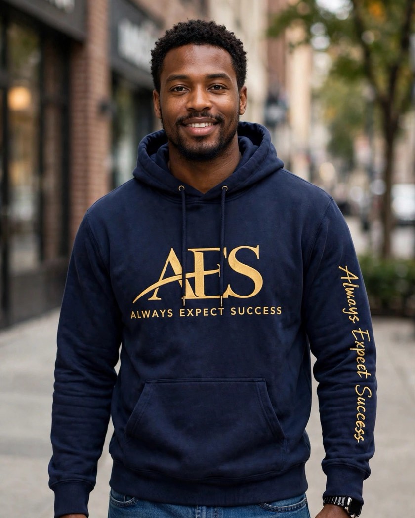 Man smiling on a city street in the navy Always Expect Success hoodie