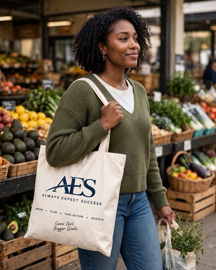 Woman at a farmers market carrying the AES tote