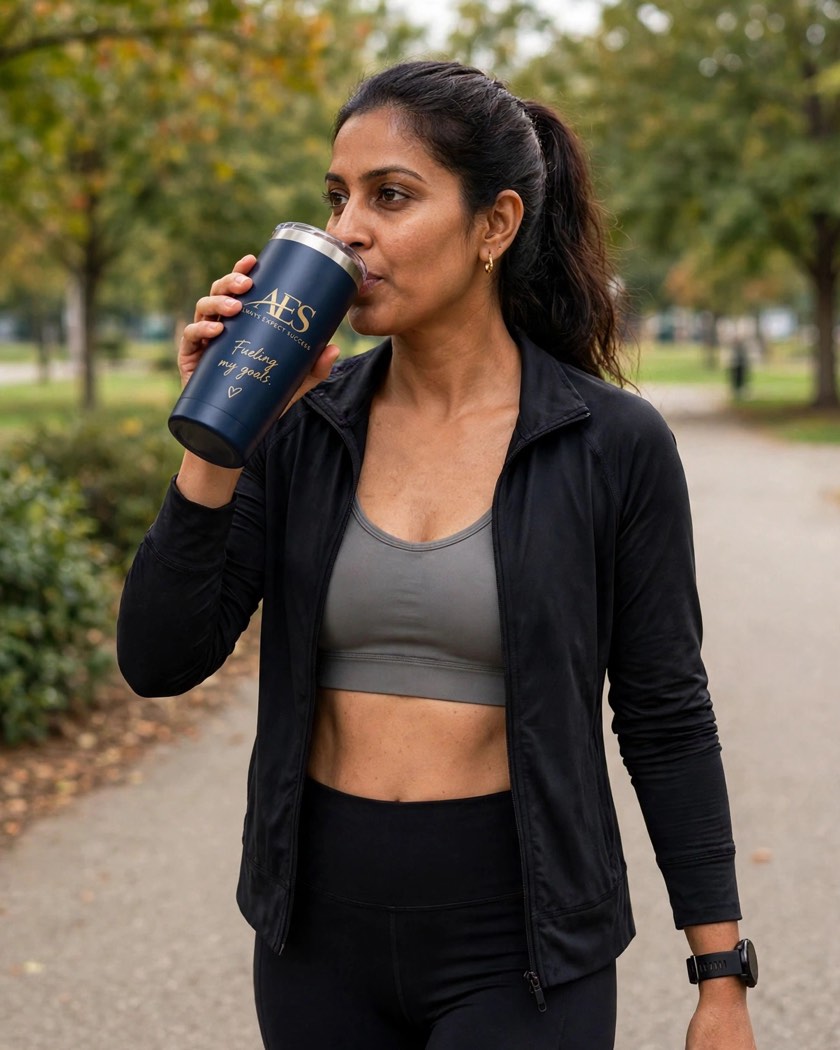 Woman sipping from the navy AES tumbler on a walk in the park