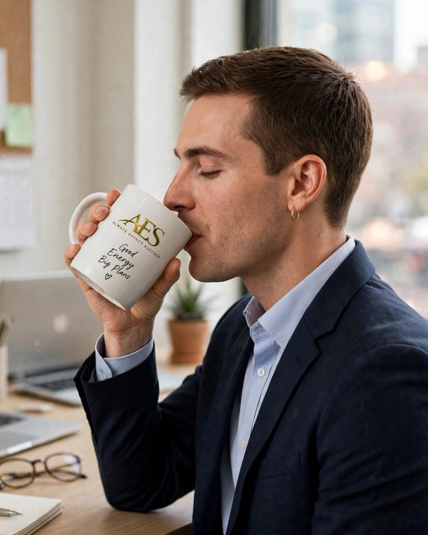 Man drinking from the Good Energy, Big Plans mug at his desk