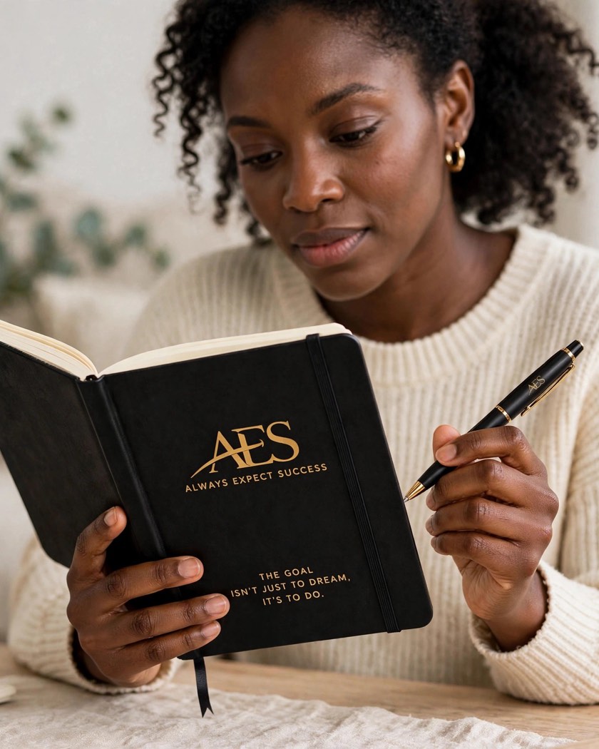 Woman writing in the AES notebook