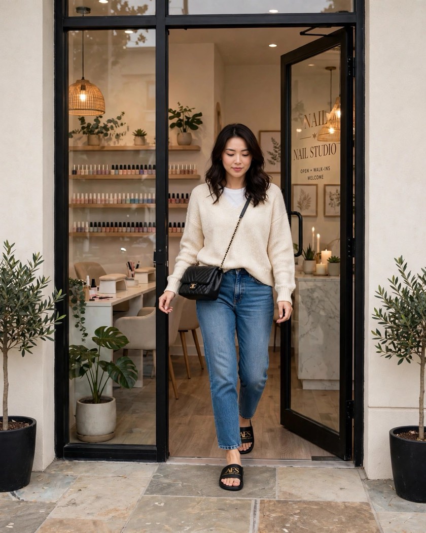 Woman stepping out of a shop wearing AES slides