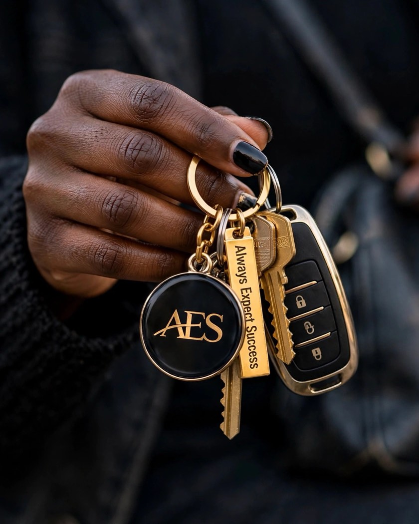 Hand holding the Always Expect Success keychain