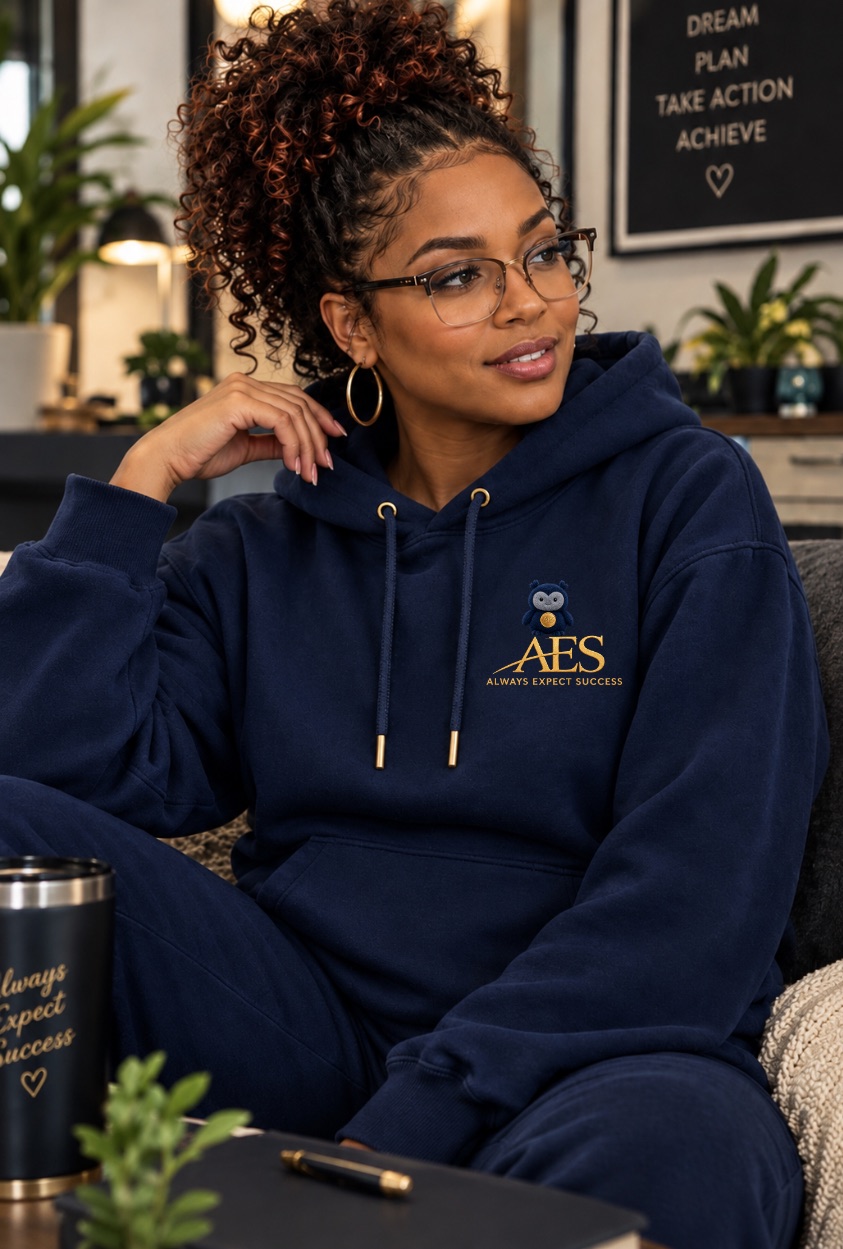 Woman relaxing at home in the navy Hoot hoodie