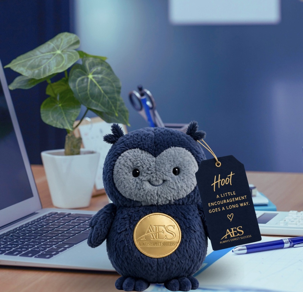 Hoot plush on a desk with a tag that reads A little encouragement goes a long way