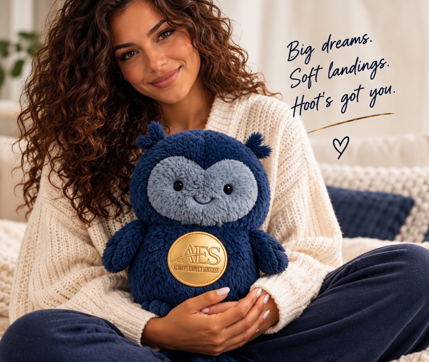 Woman hugging the Hoot plush beside the words Big dreams. Soft landings. Hoot&rsquo;s got you.
