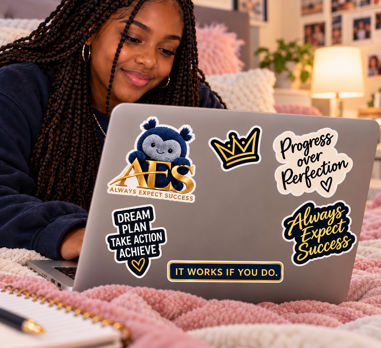 Woman working on a laptop covered in AES stickers, including Hoot