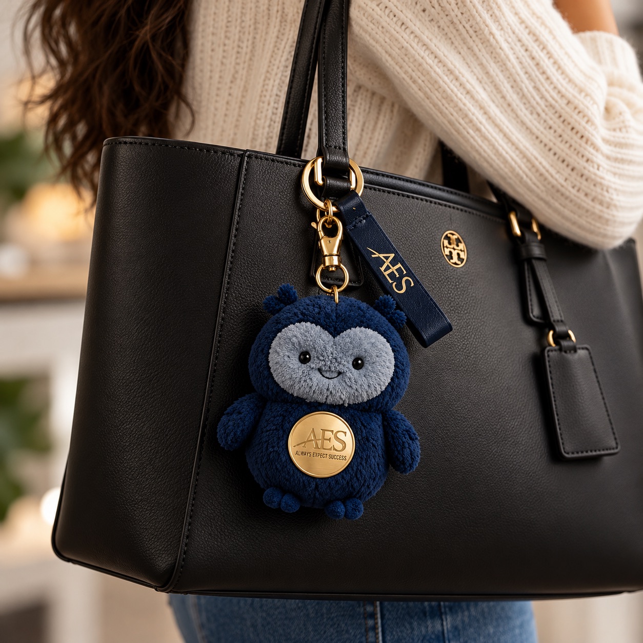 Hoot keychain clipped to a black handbag